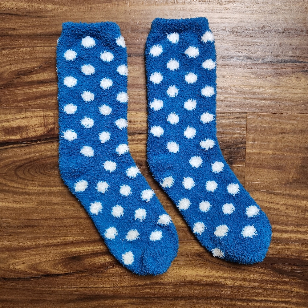 Blue and White Polka Dot Fuzzy Socks OSFM